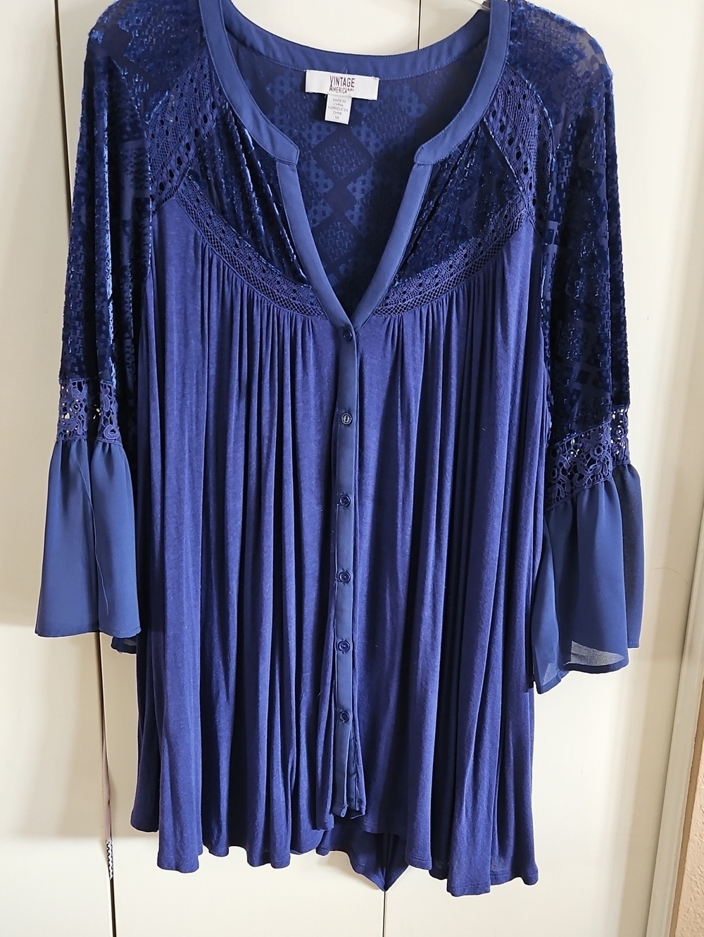 Vintage America Deep Navy Button-Front Women's Blouse with Lace Shoulders